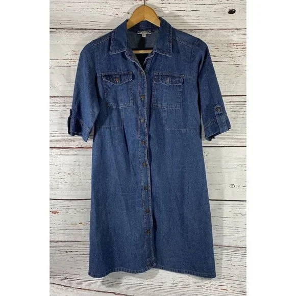 J Gee | Dresses | J Gee Denim Shirt Dress Roll Tab Sleeve Chambray Womens  Small Button Front Blue | Poshmark